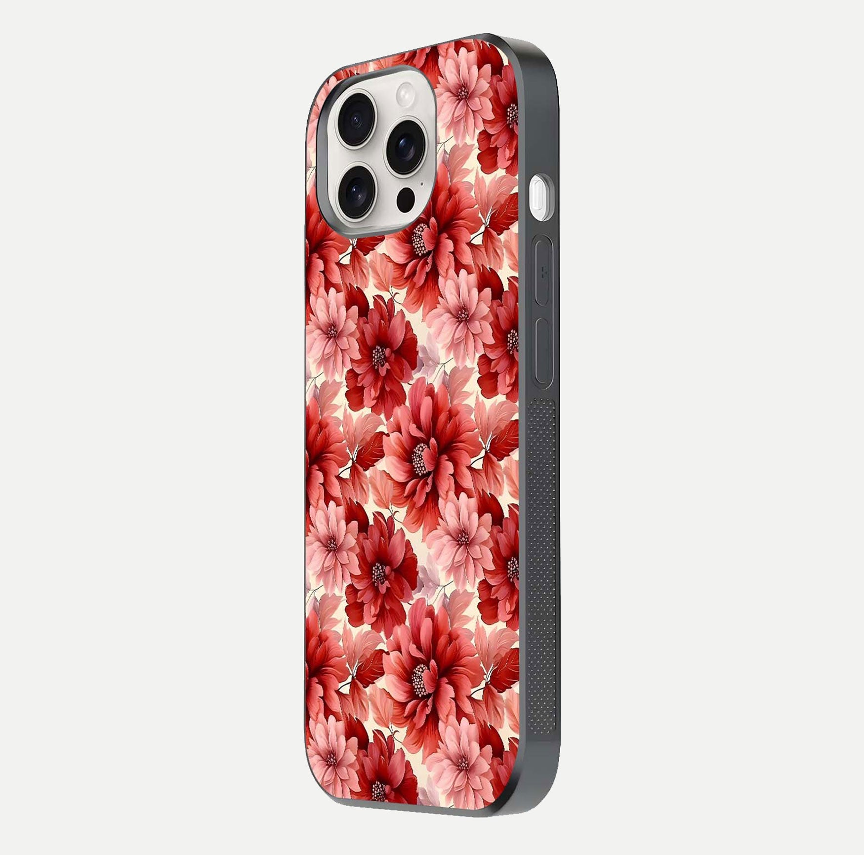 Crimson Love Petals Glass Case for iPhone 15 Pro Max side-angle photo showing reflection glow and edge clarity