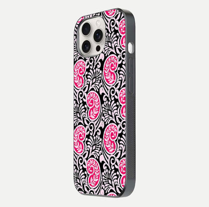 Crimson Paisley Charm Glass Case for iPhone 15 Pro Max side-angle image showing reflection and smooth edges