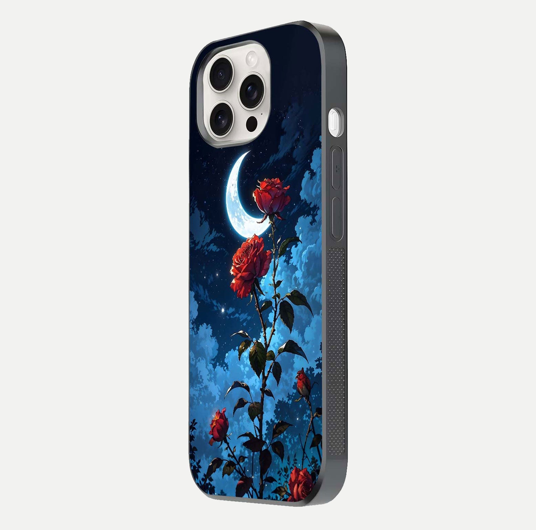 Crimson Rose Moon Glass Case for iPhone 15 Pro Max side-angle photo showing reflective texture and smooth curve