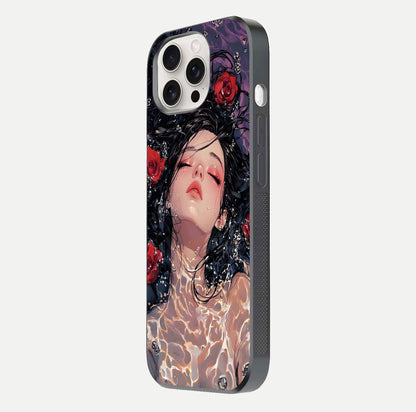 Crimson Rose Serenity Glass Case for iPhone 15 Pro Max side-angle photo showing glass reflection and soft edges