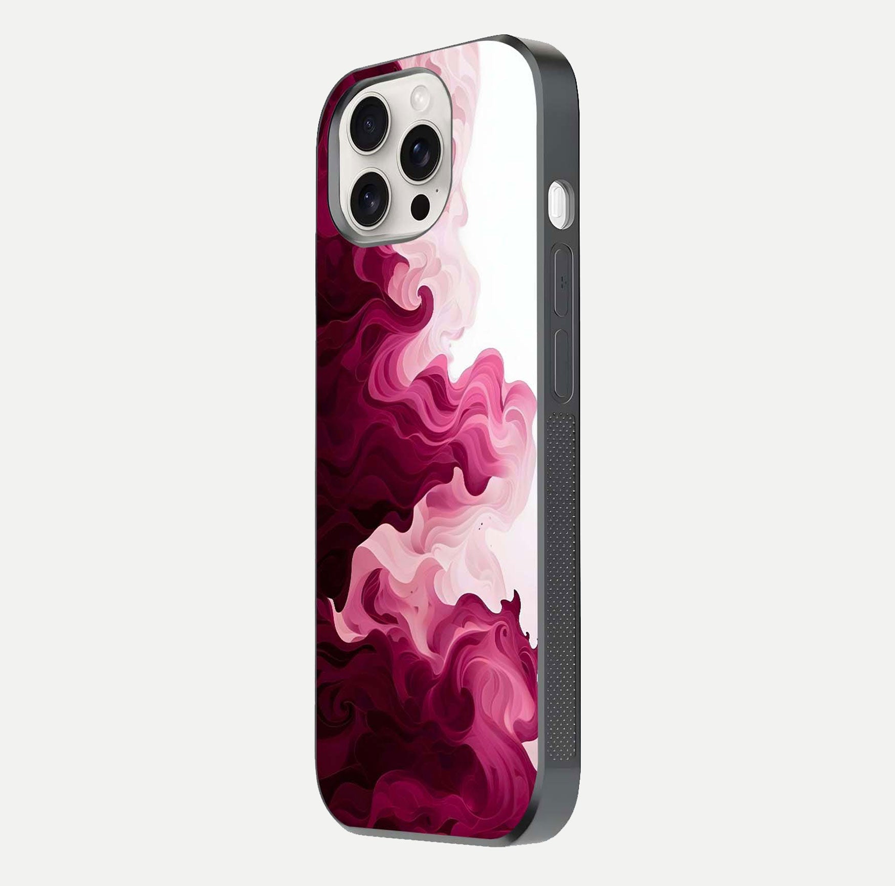 Crimson Wave Flow Glass Case for iPhone 15 Pro Max side-angle photo showing reflection glow and HD finish