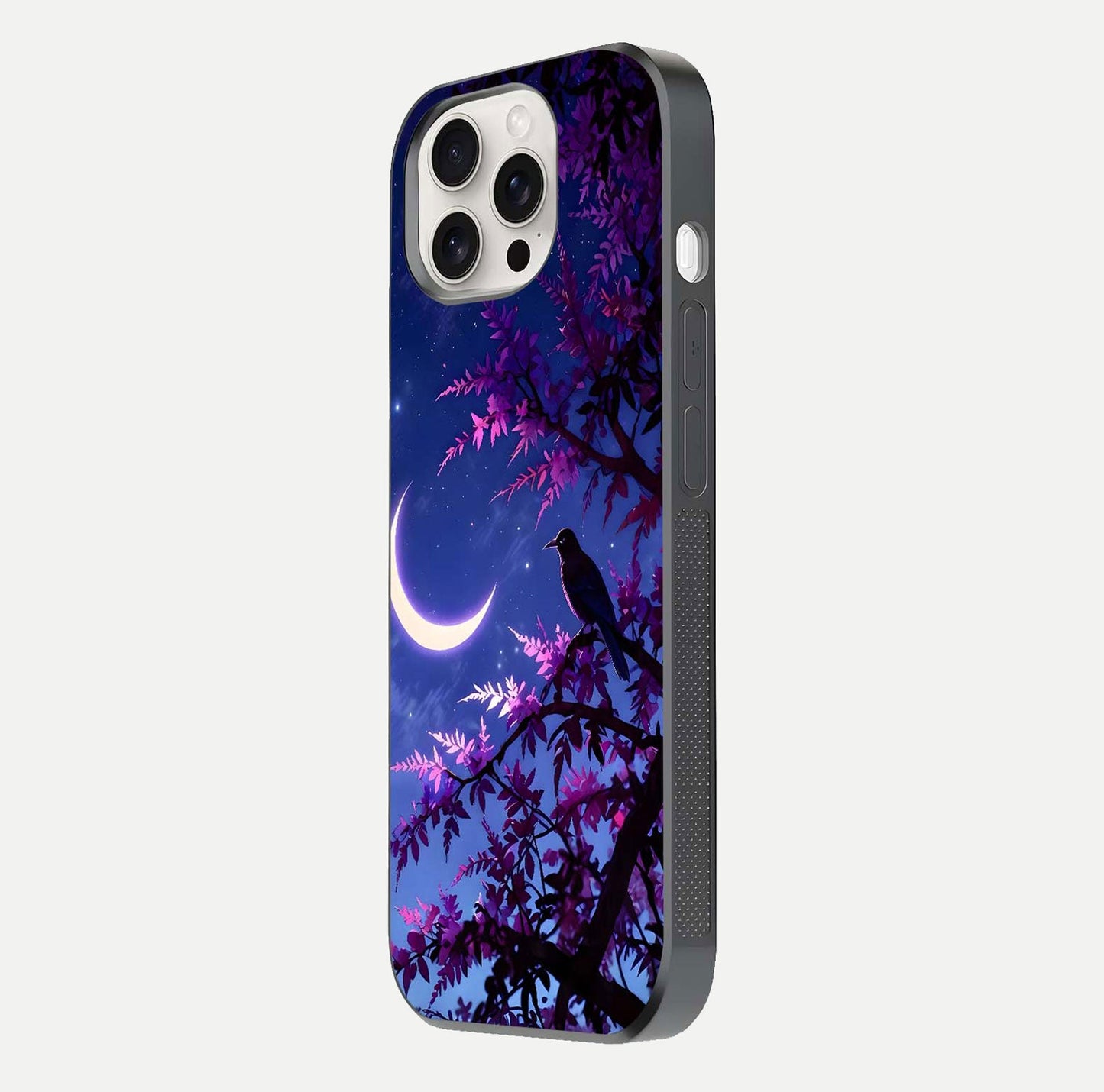Crow & Moon Scenery Glass Case for iPhone 15 Pro Max side-angle photo capturing glossy shine and artistic contrast