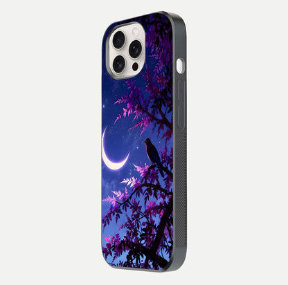 Crow & Moon Scenery Glass Case for iPhone 15 Pro Max side-angle photo capturing glossy shine and artistic contrast