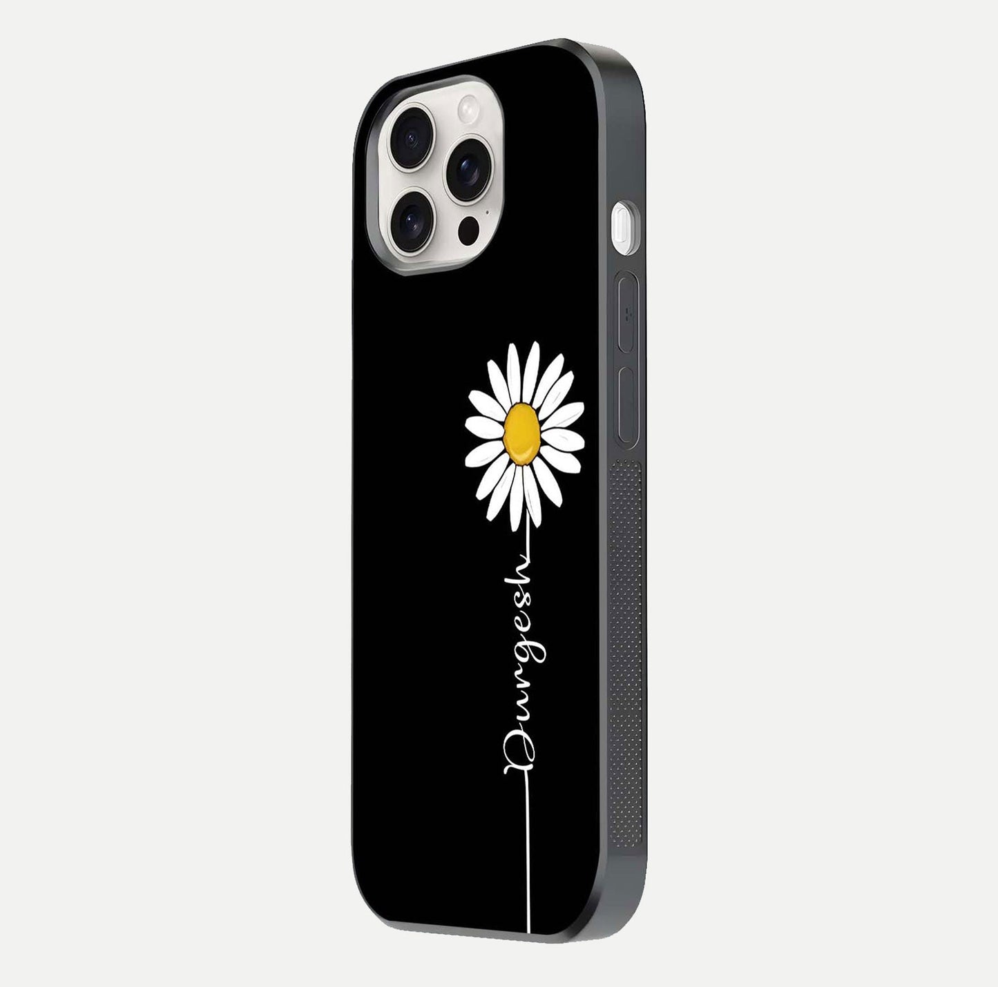 Custom Name White Flower Glass Case for iPhone 15 Pro Max side-angle photo showing reflection shine and name clarity