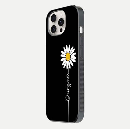 Custom Name White Flower Glass Case for iPhone 15 Pro Max side-angle photo showing reflection shine and name clarity
