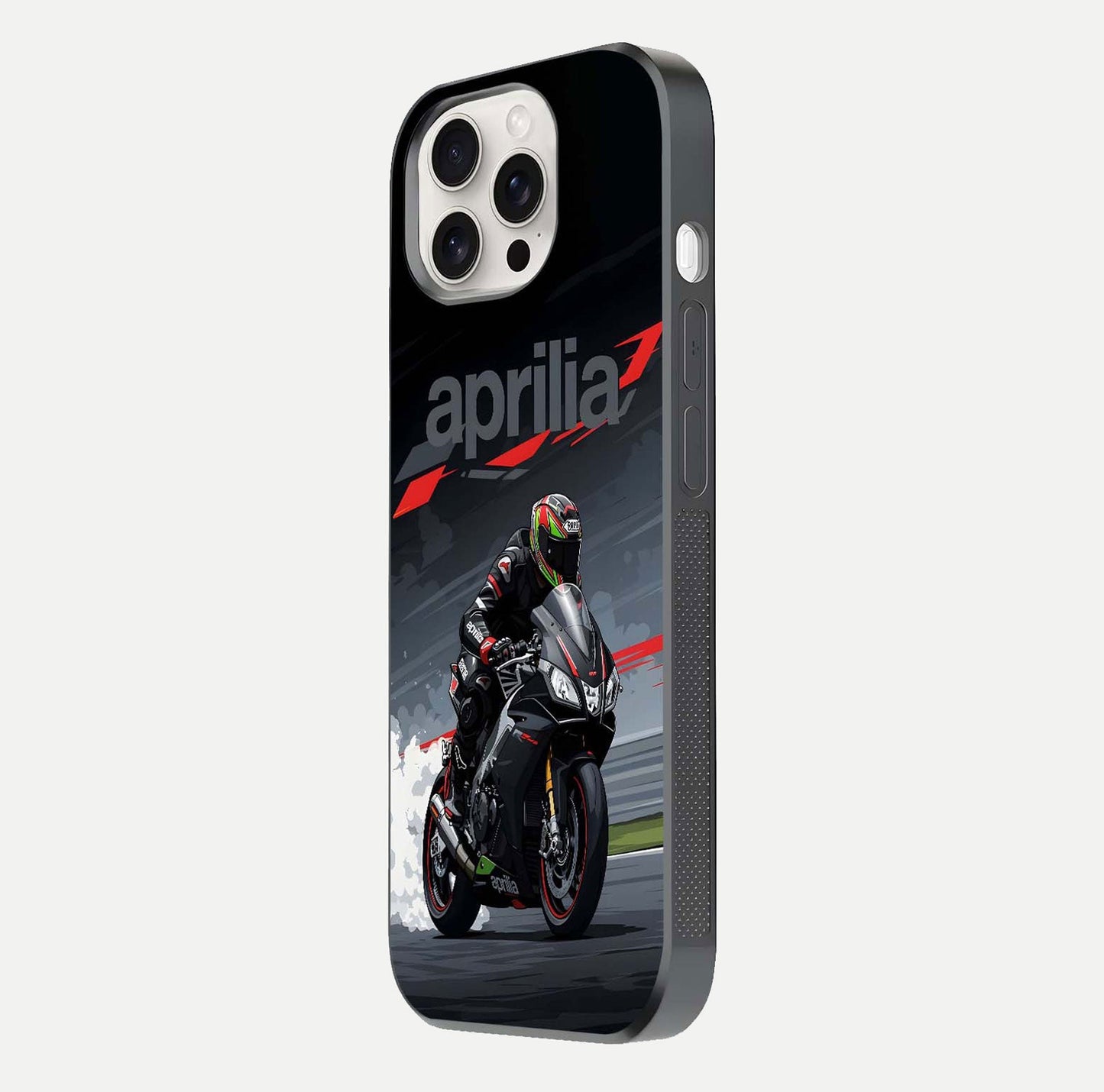 Dark Aprilla Glass Case for iPhone 15 Pro Max side-angle photo showing reflection gloss and curved edge finish