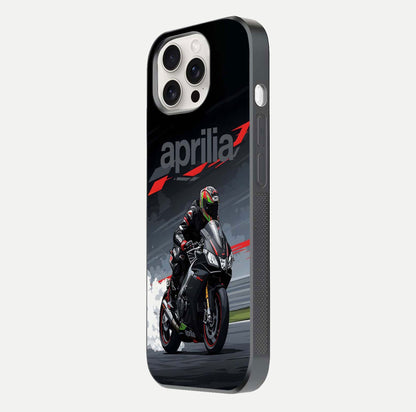 Dark Aprilla Glass Case for iPhone 15 Pro Max side-angle photo showing reflection gloss and curved edge finish