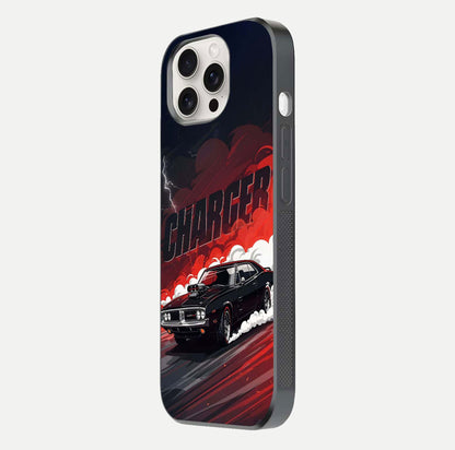 Dark Charger Fury Glass Case for iPhone 15 Pro Max side-angle image showing edge gloss and bold tone