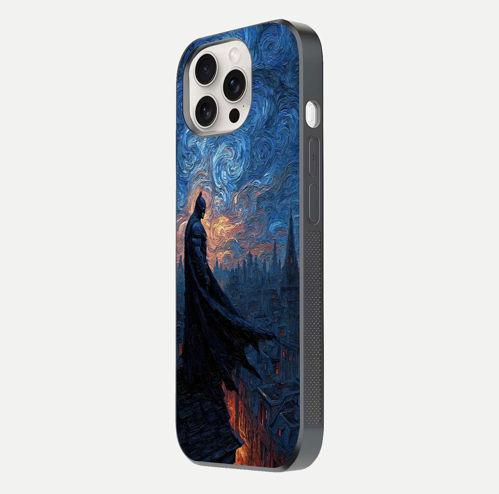 Dark Knight Dusk Glass Case for iPhone 15 Pro Max side-angle image capturing reflection shine and bold contrast