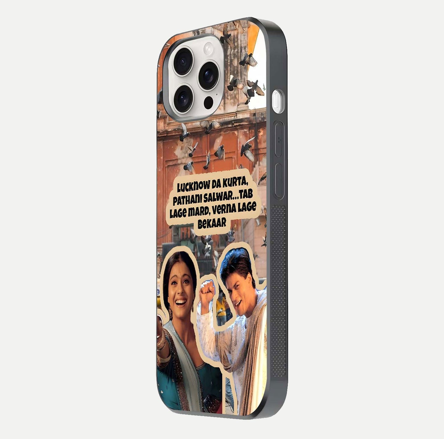 Desi Retro Vibes Glass Case for iPhone 15 Pro Max side-angle image displaying gloss texture and bold pattern