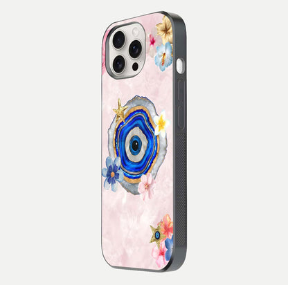 Divine Aura Bloom Glass Case for iPhone 15 Pro Max side-angle photo capturing reflection glow and premium polish