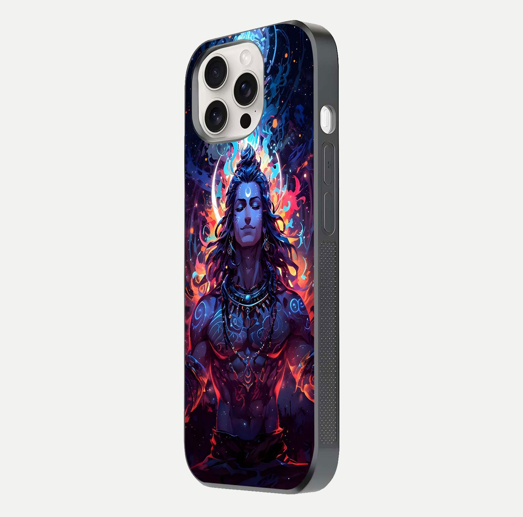 Divine Fire Shiv Glass Case for iPhone 15 Pro Max side-angle image showing reflection clarity and shine