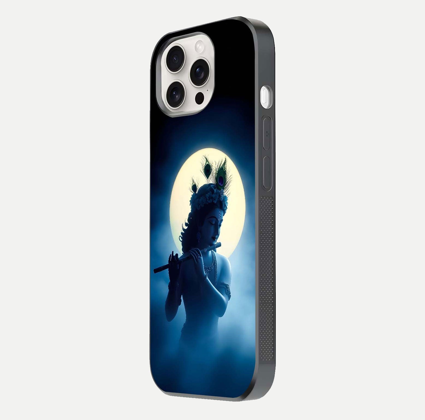 Divine Moon Flute Glass Case for iPhone 15 Pro Max side-angle image capturing reflection depth and soft color