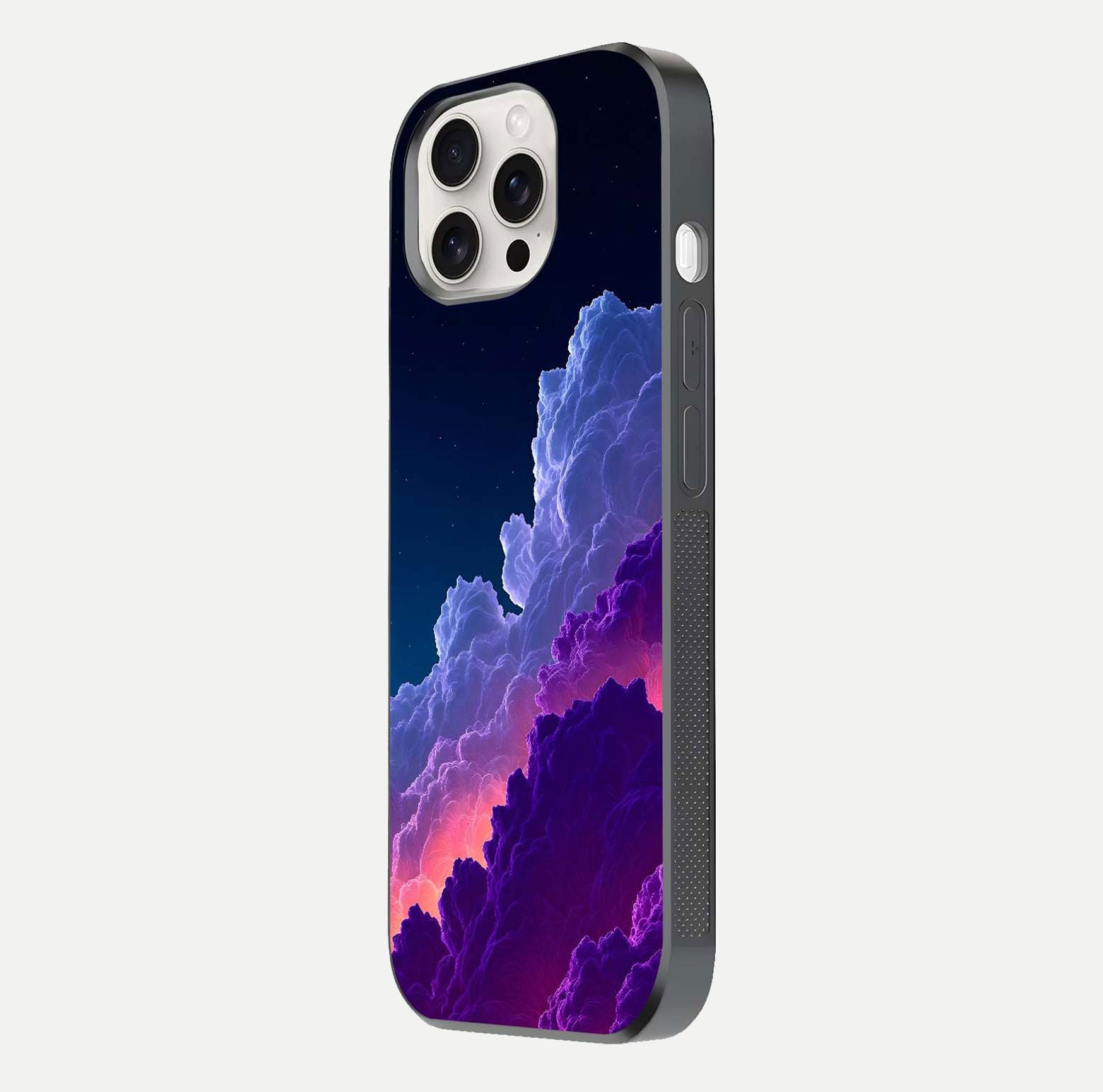 Dreamy Cloud Skies Glass Case for iPhone 15 Pro Max side-angle image showing reflection clarity and polish