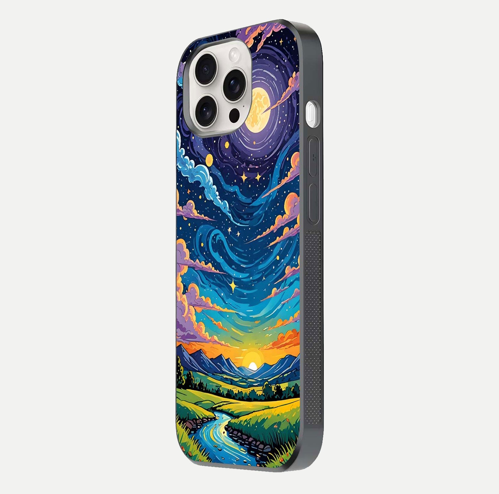 Dreamy Night Landscape Glass Case for iPhone 15 Pro Max side-angle photo capturing reflection glow and edge detail