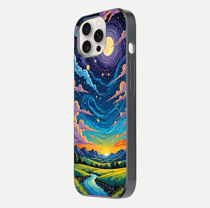 Dreamy Night Landscape Glass Case for iPhone 15 Pro Max side-angle photo capturing reflection glow and edge detail