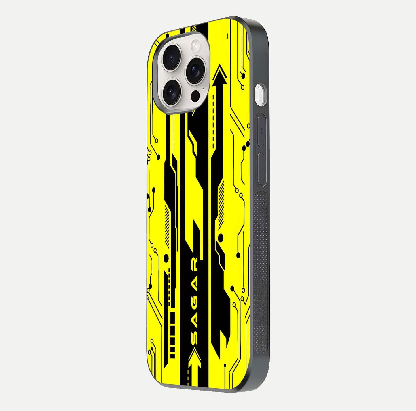 Electric Pulse CYBERPUNK Custom Name Glass Case for iPhone 15 Pro Max side-angle image showing glossy reflection and edge illumination