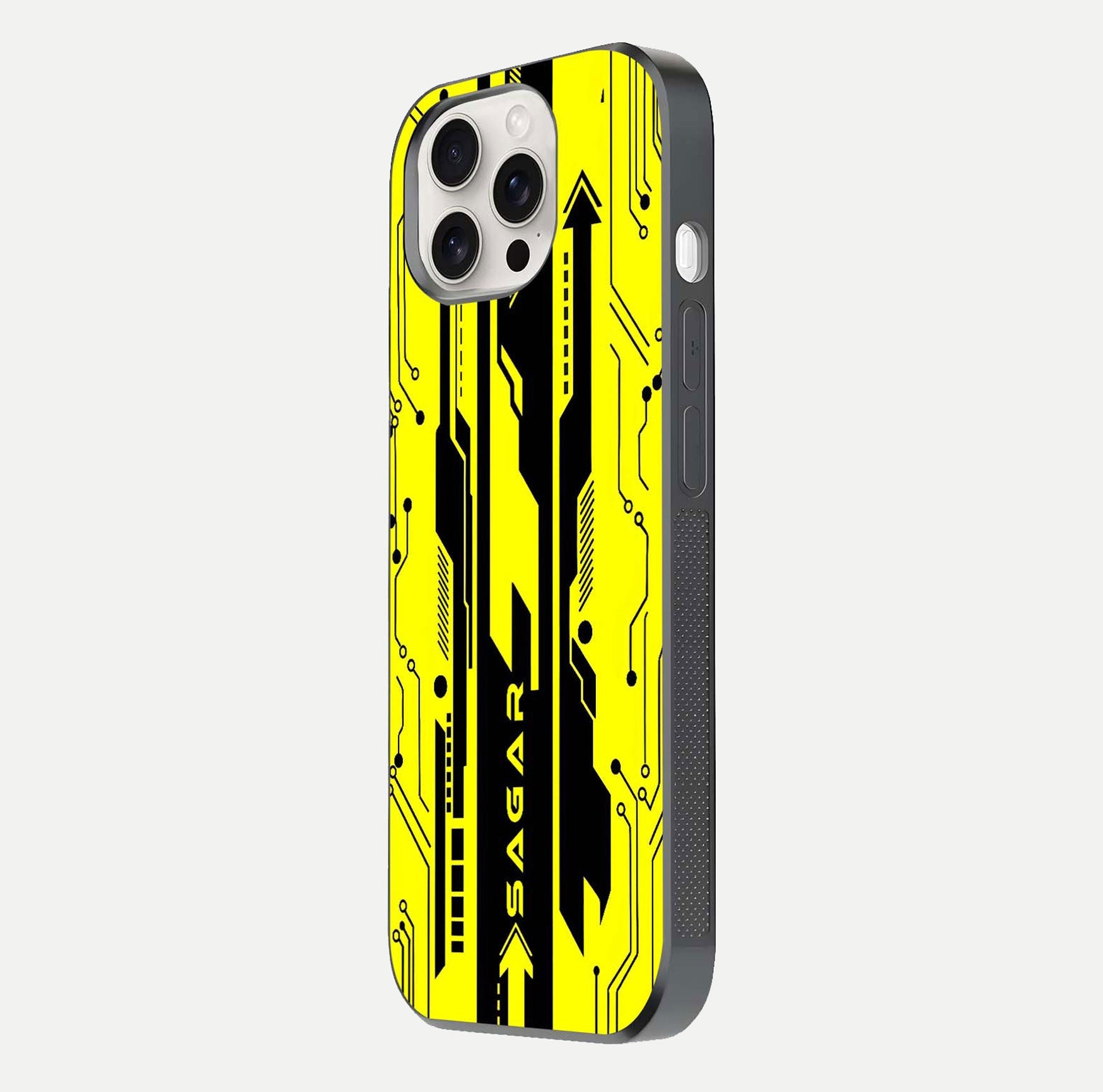 Electric Pulse CYBERPUNK Custom Name Glass Case for iPhone 15 Pro Max side-angle image showing glossy reflection and edge illumination