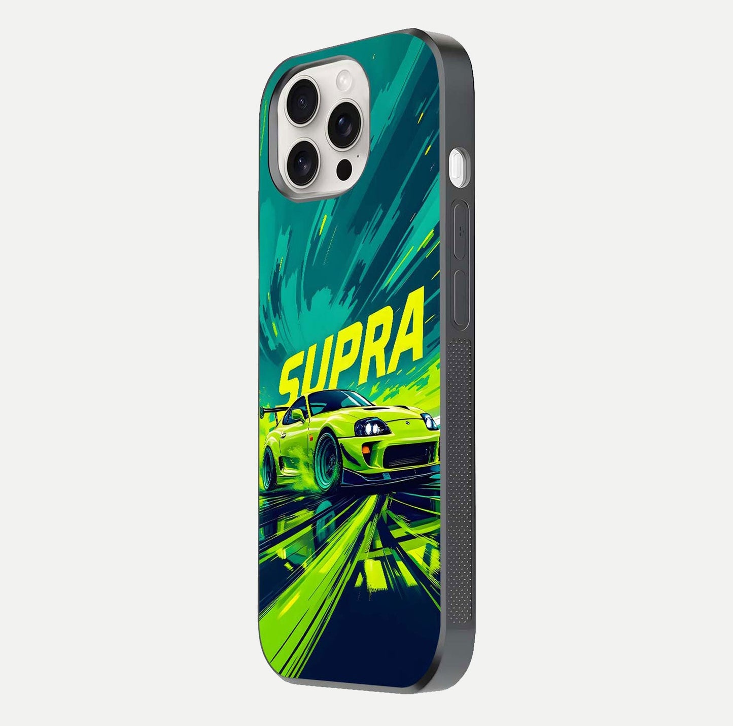 Electric Supra Thunder Glass Case for iPhone 15 Pro Max side-angle photo showing sleek car outline and reflective shine