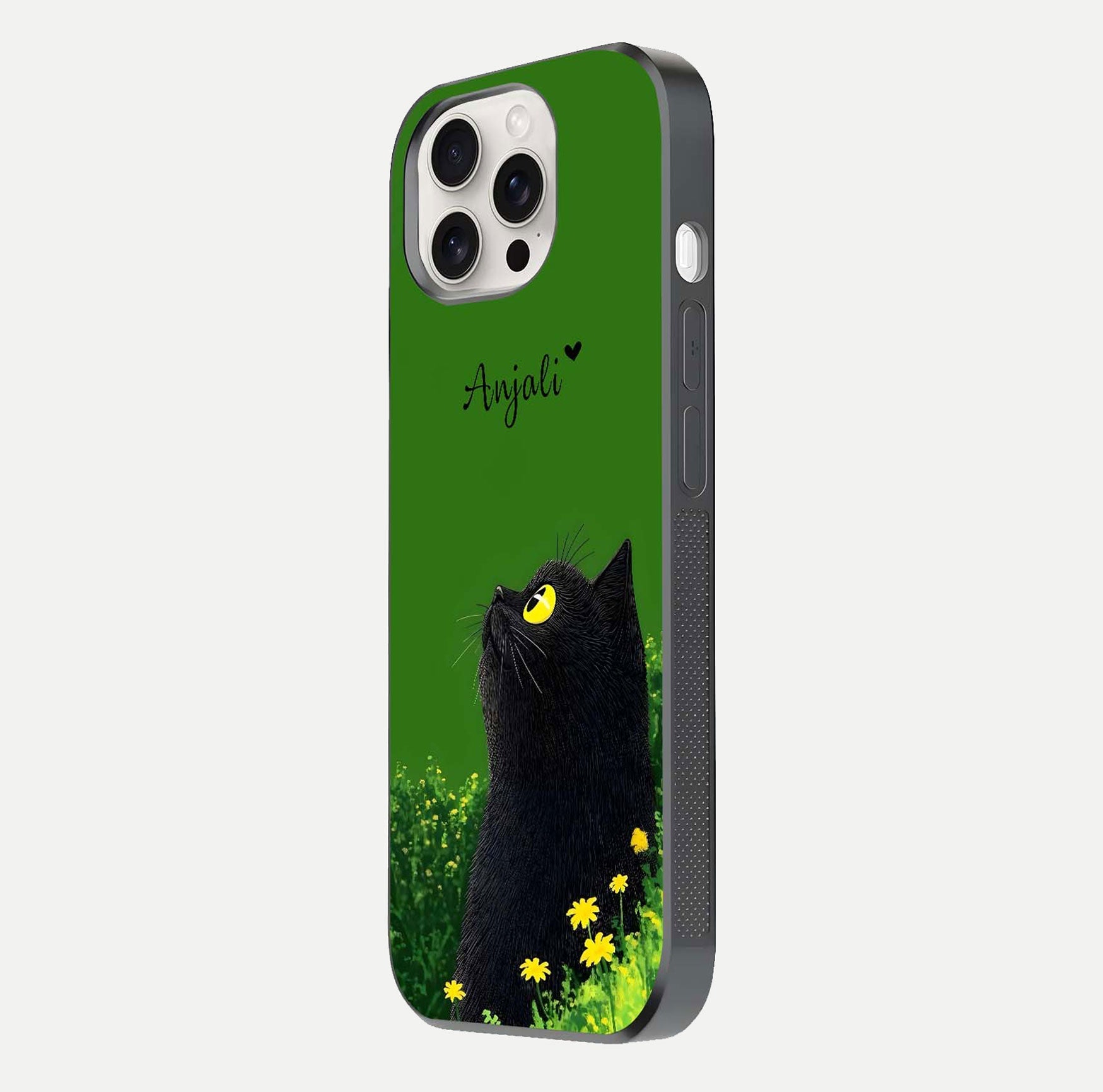 Emerald Cat Custom Name Glass Case for iPhone 15 Pro Max side-angle photo showing name clarity and glass reflection