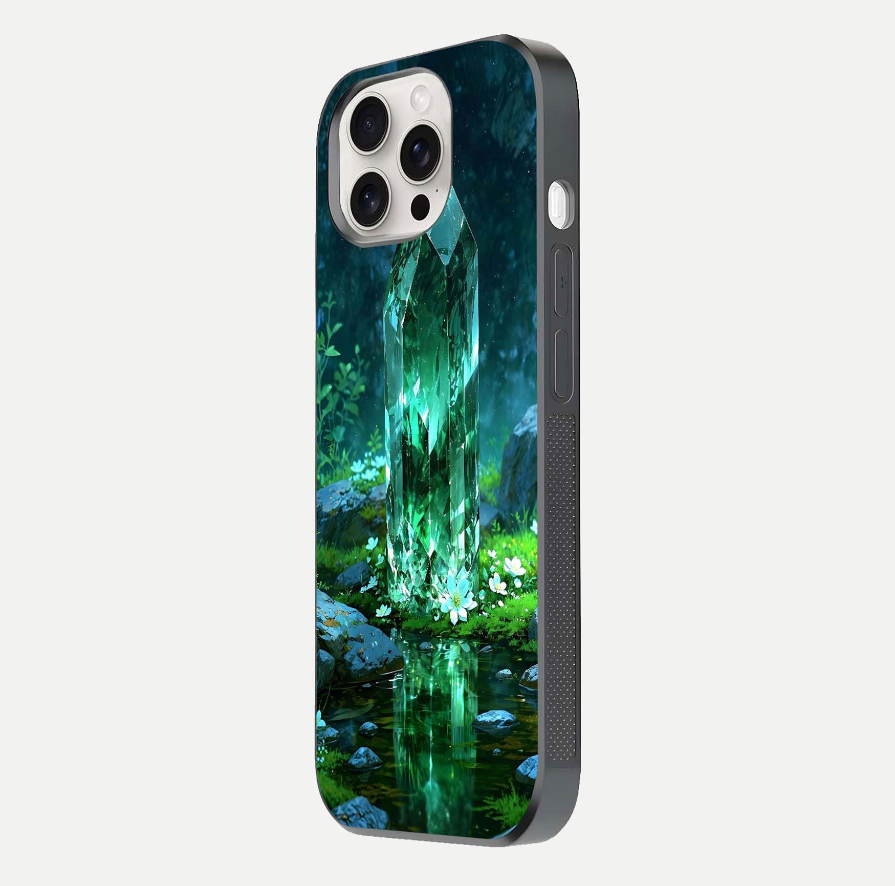 Emerald Light Crystal Glass Case for iPhone 15 Pro Max side-angle image showing gloss reflection and curved border