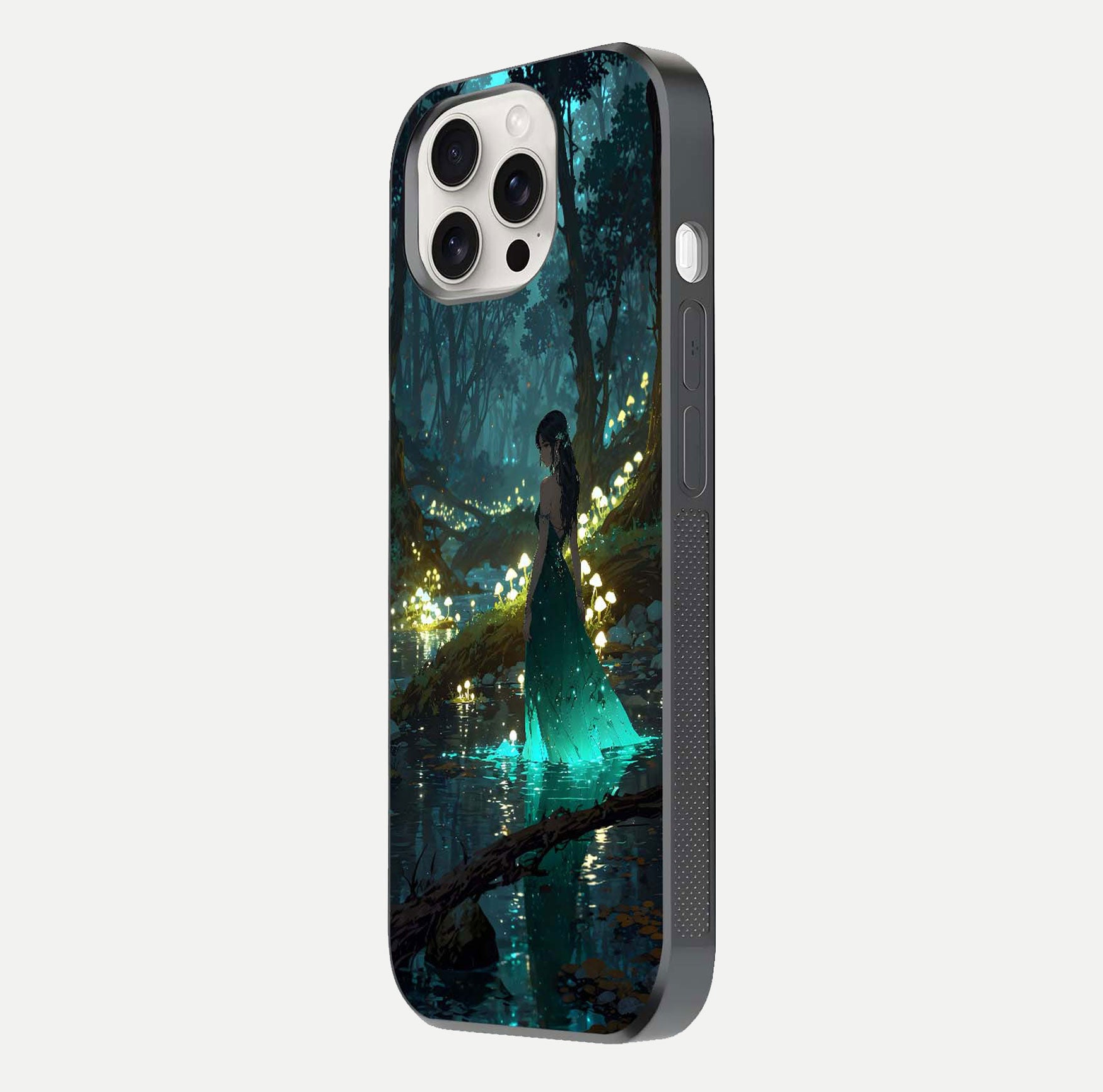 Enchanted Forest Glow Glass Case for iPhone 15 Pro Max side-angle image capturing shine reflection and rich detail