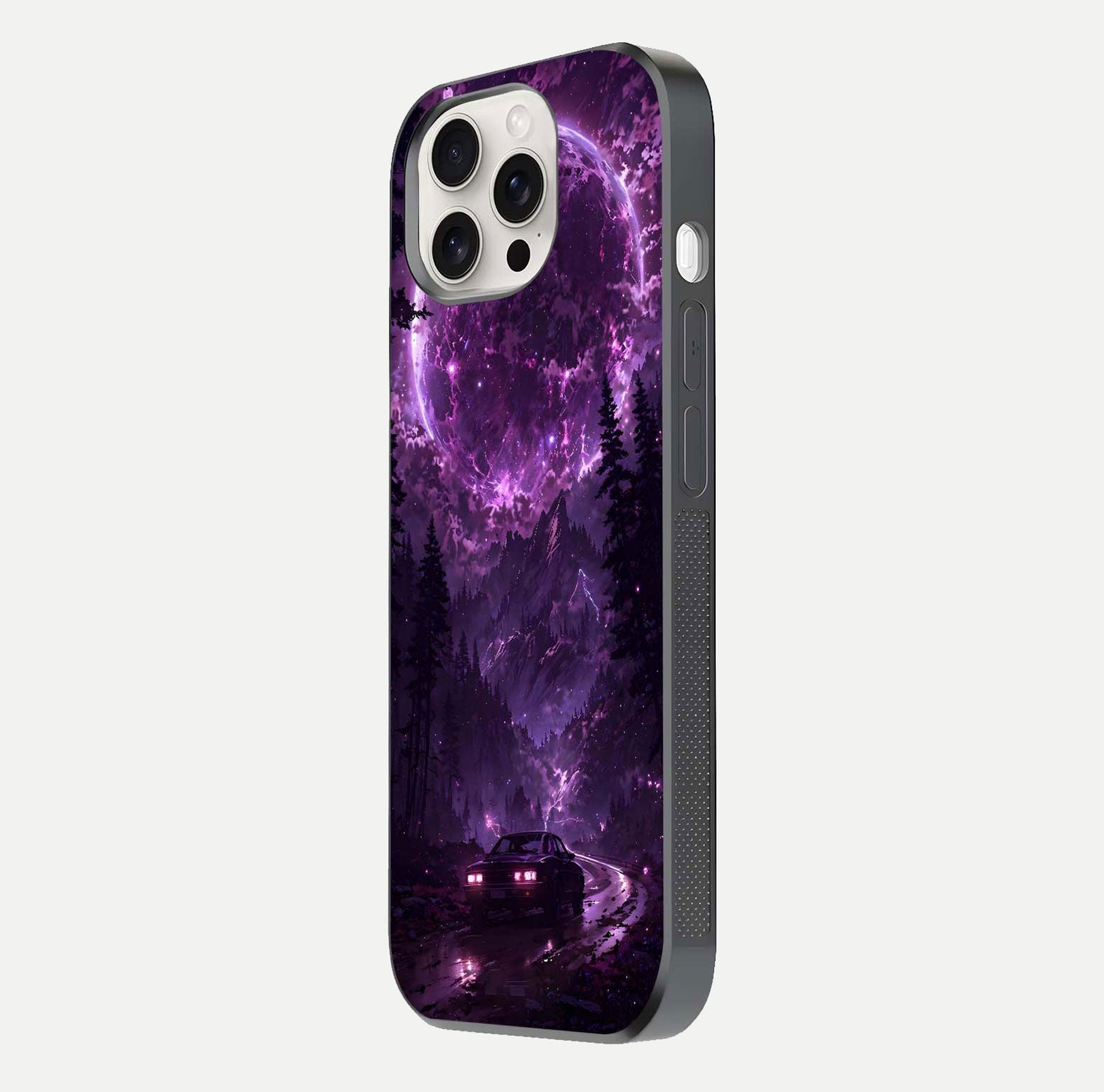 Eternal Cosmic Drive Glass Case for iPhone 15 Pro Max side-angle image showing reflection texture and color contrast