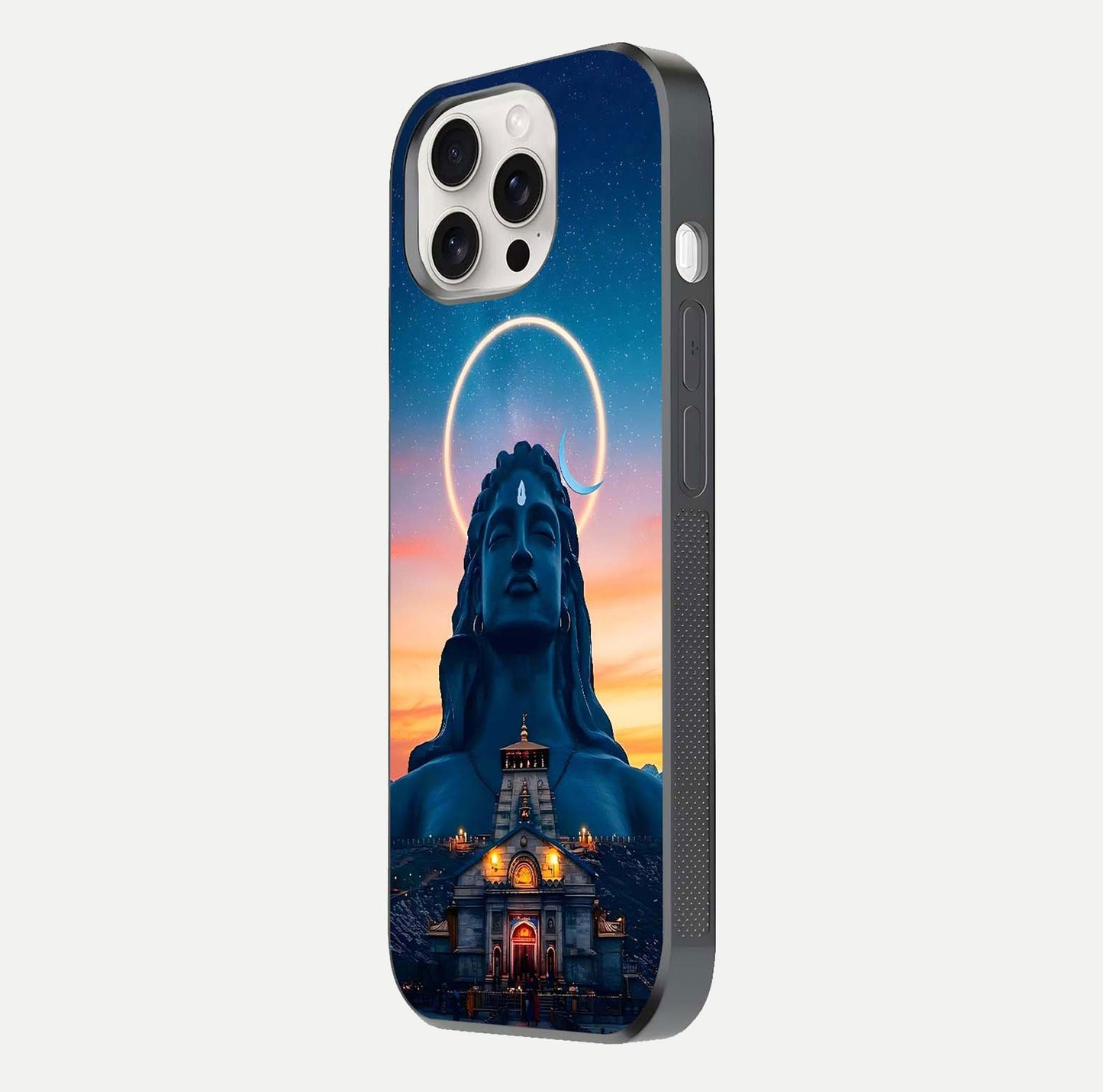 Eternal Shiva Aura Glass Case for iPhone 15 Pro Max side-angle image showing reflection clarity and rich tone