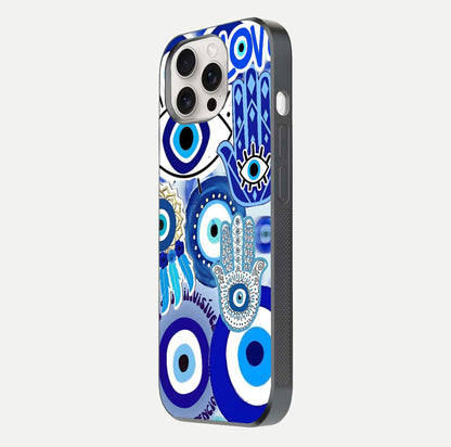 Evil Eyes Dream Glass Case for iPhone 15 Pro Max side-angle photo capturing smooth edges and reflective texture