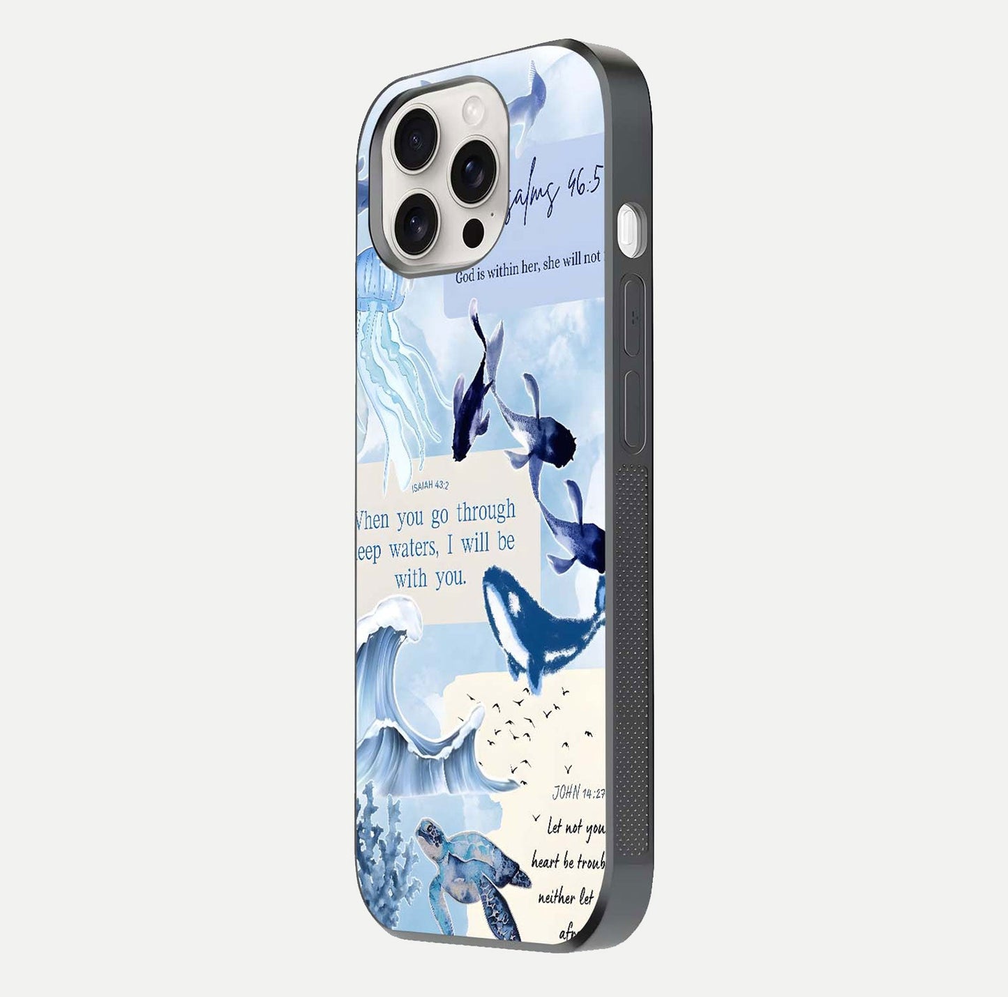 Faithful Ocean Promise Glass Case for iPhone 15 Pro Max side-angle photo showing reflection glow and color clarity