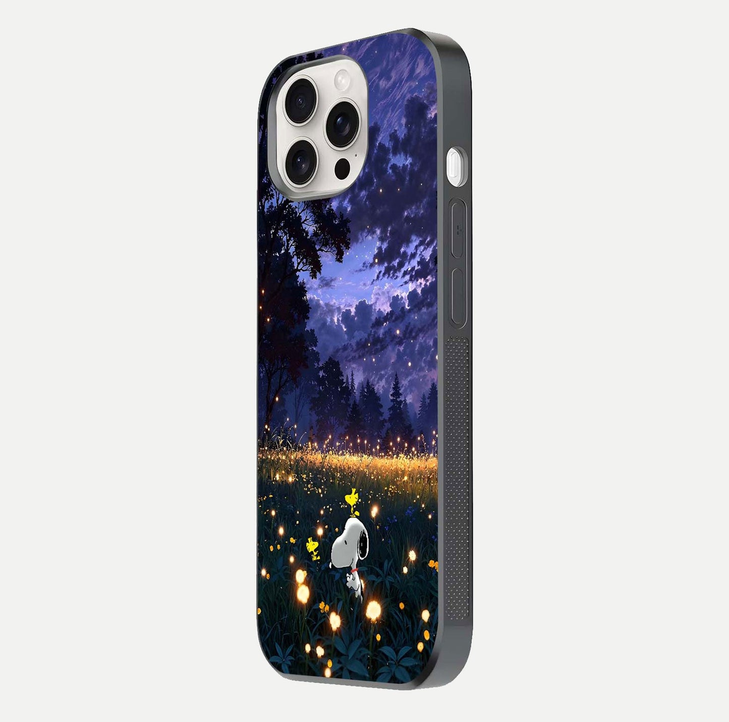 Firefly Meadow Magic Glass Case for iPhone 15 Pro Max side-angle image capturing glow reflection and fine texture