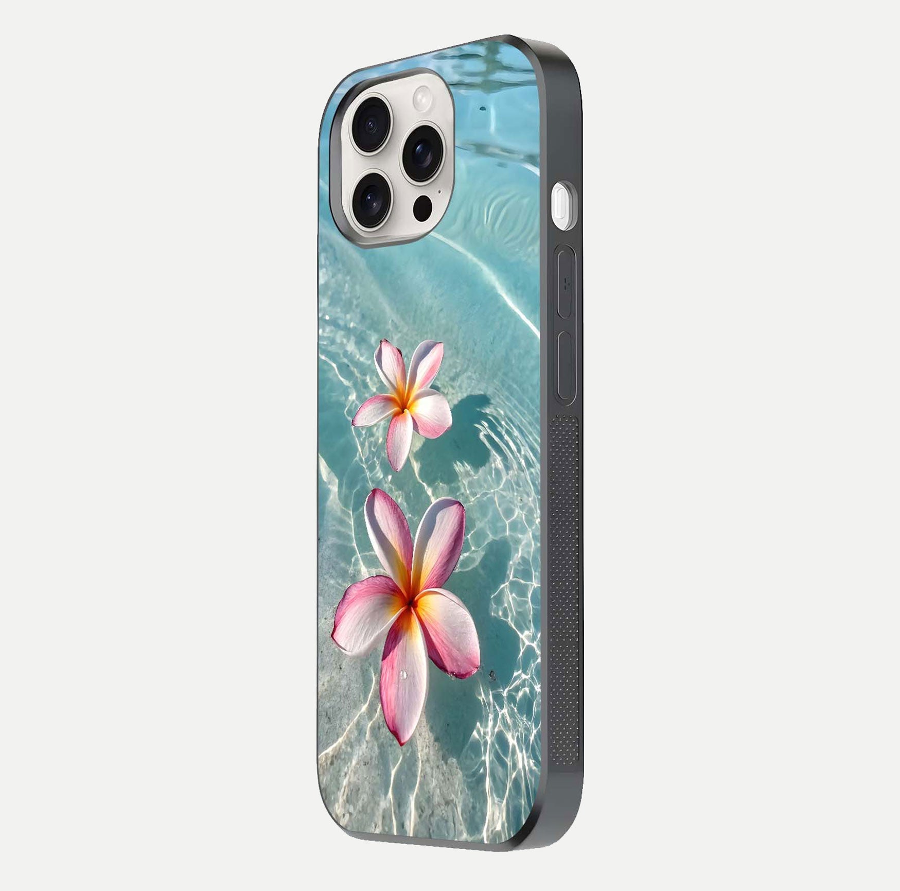 Floating Bloom Bliss Glass Case for iPhone 15 Pro Max side-angle photo showing smooth reflection and elegant curve
