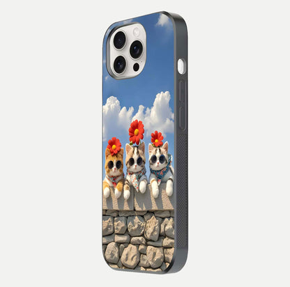 Floral Kitty Squad Glass Case for iPhone 15 Pro Max side-angle photo showing reflection glow and polished surface