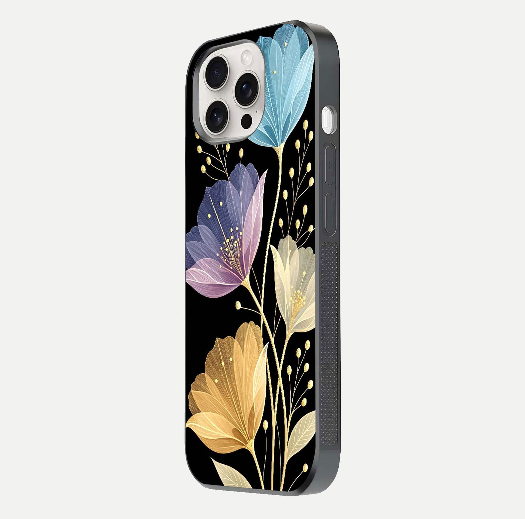 Flower Bloom Glow Glass Case for iPhone 15 Pro Max side-angle image capturing gloss reflection and flower glow