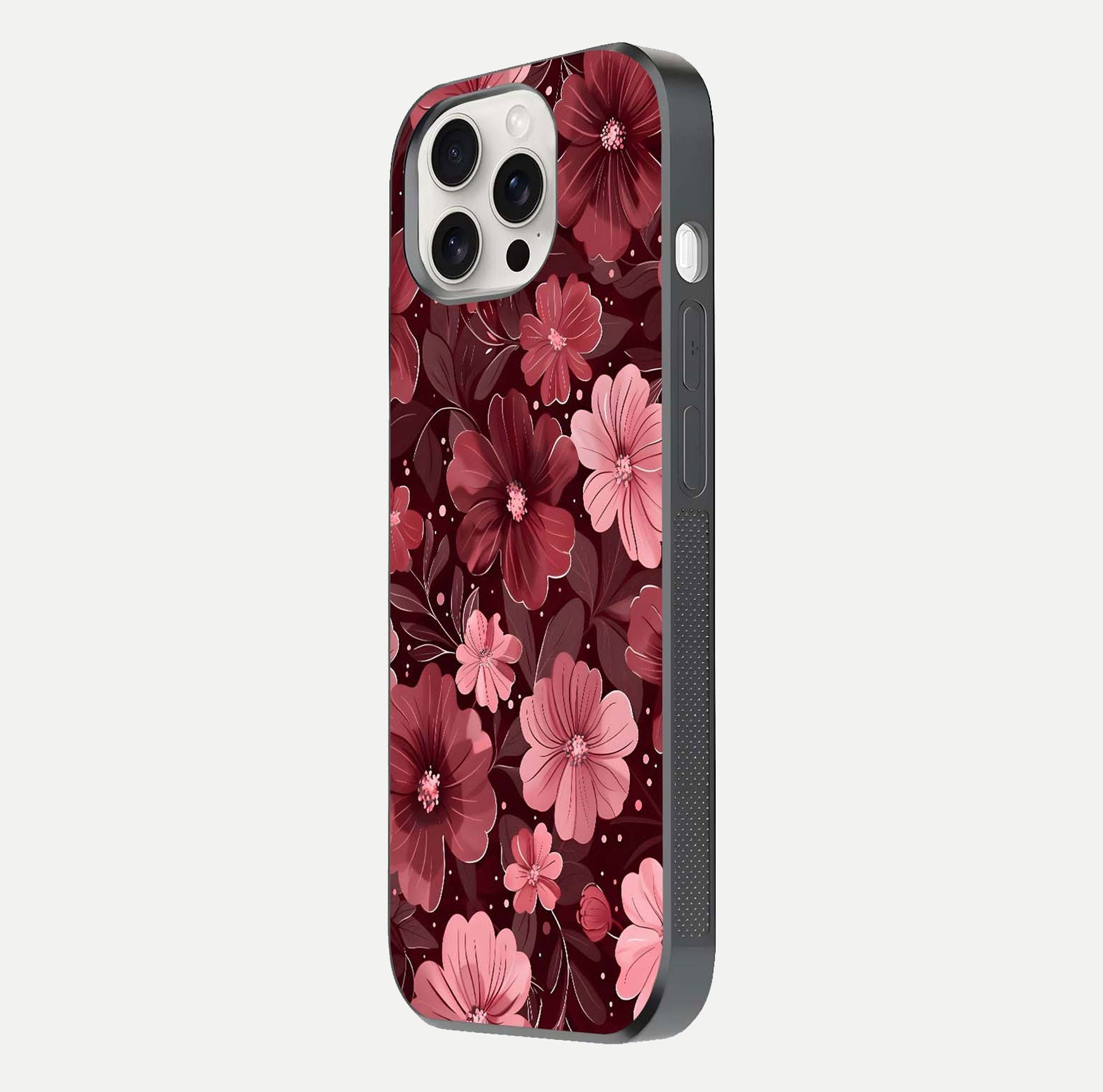 Flower Blush Bloom Glass Case for iPhone 15 Pro Max side-angle photo showing glass reflection and delicate hues