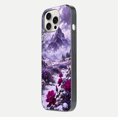 Flower Mountain View Glass Case for iPhone 15 Pro Max side-angle image showing gloss polish and smooth edge