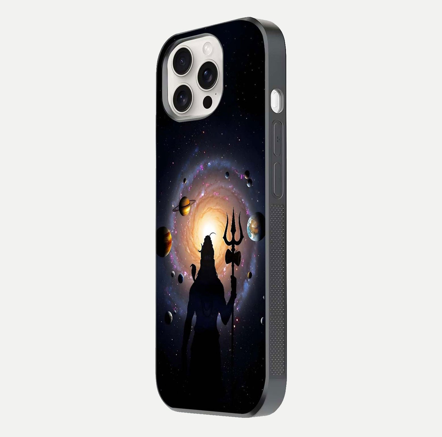 Galactic Shiva Vision Glass Case for iPhone 15 Pro Max side-angle image showing light reflection, glass edges, and spiritual cosmic theme