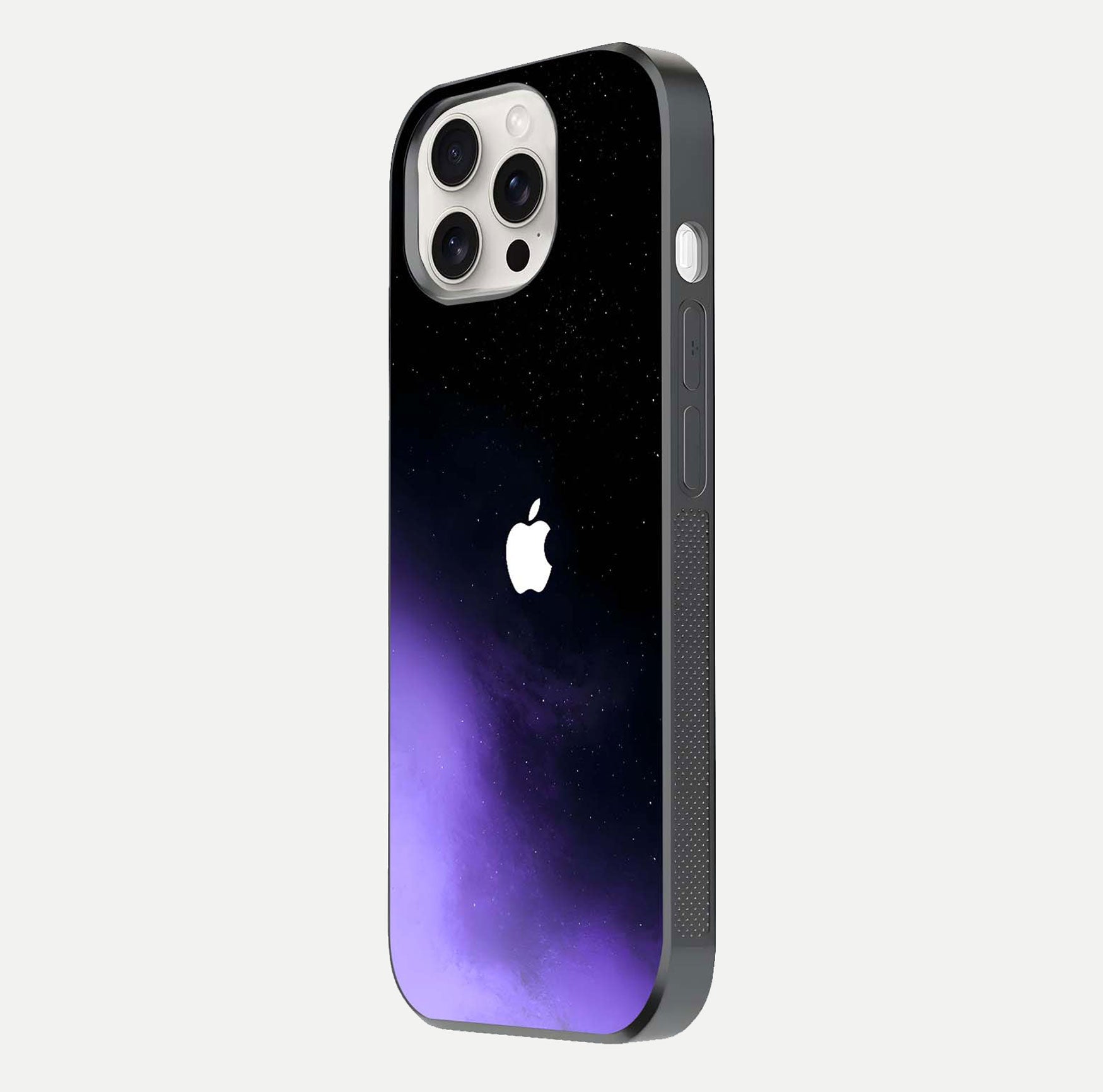 Galaxy Apple Aura Glass Case for iPhone 15 Pro Max side-angle image showing glossy surface and soft reflection hues