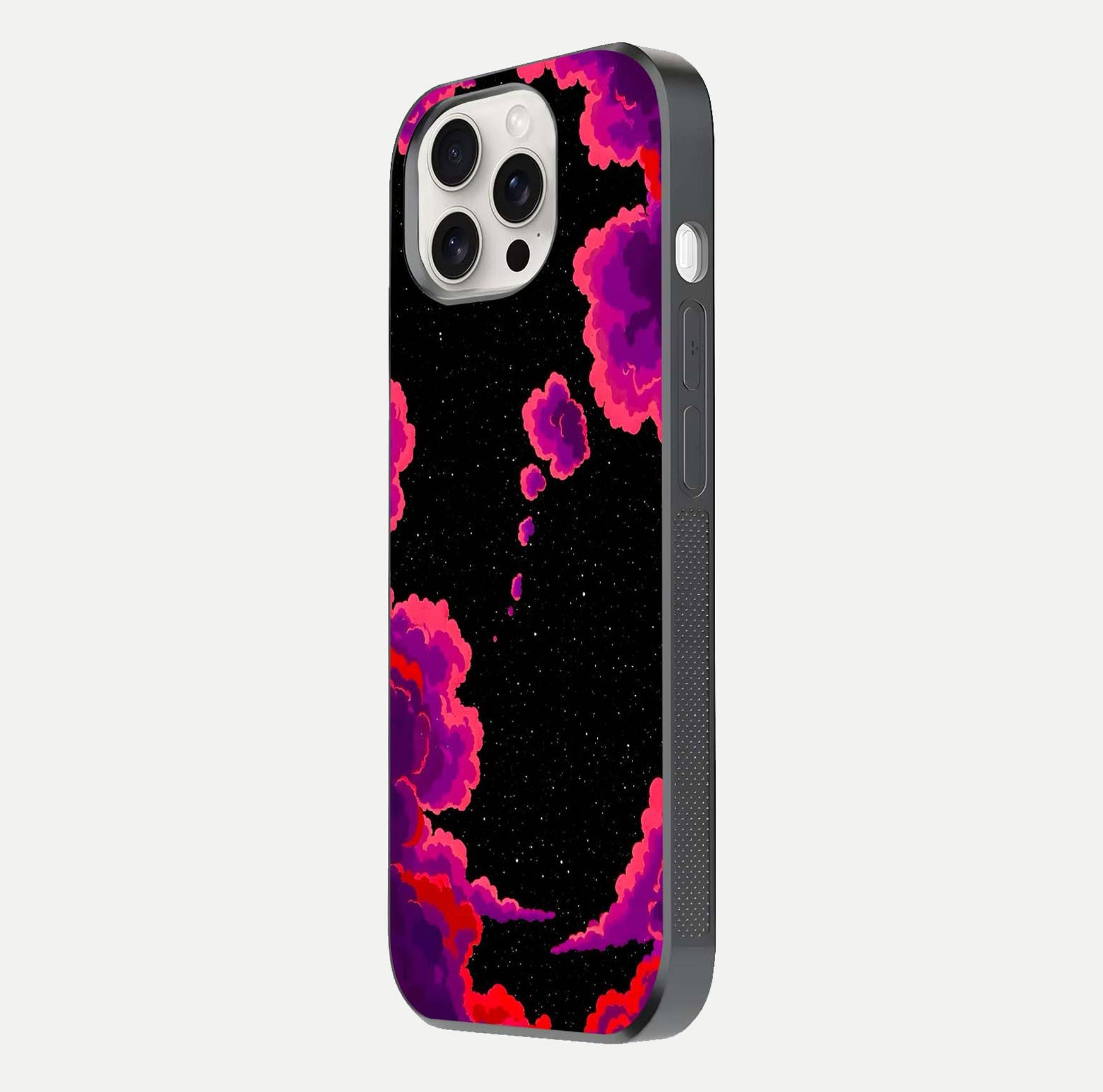 Galaxy Dream Frame Glass Case for iPhone 15 Pro Max side-angle image showing reflection light and premium finish