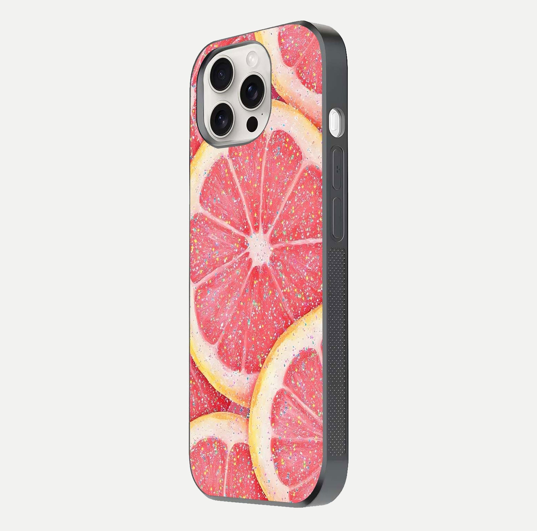 Glitter Grapefruit Glass Case for iPhone 15 Pro Max side-angle image showing reflection glow and polished edges