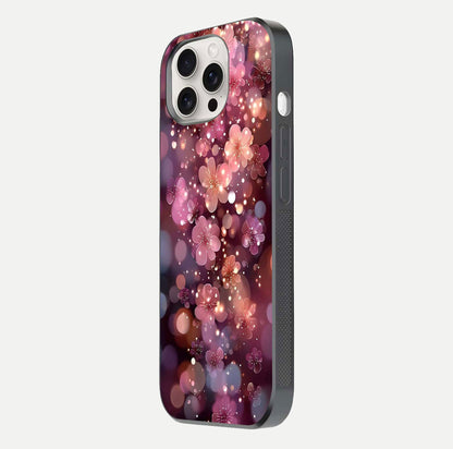 Glowing Petal Bliss Glass Case for iPhone 15 Pro Max side-angle image showing light reflection and soft floral texture