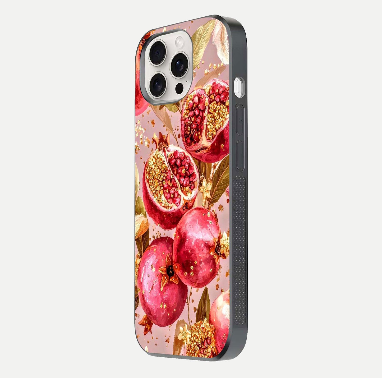 Golden Bloom Glow Glass Case for iPhone 15 Pro Max side-angle image showing light reflection, gloss texture, and rich tone
