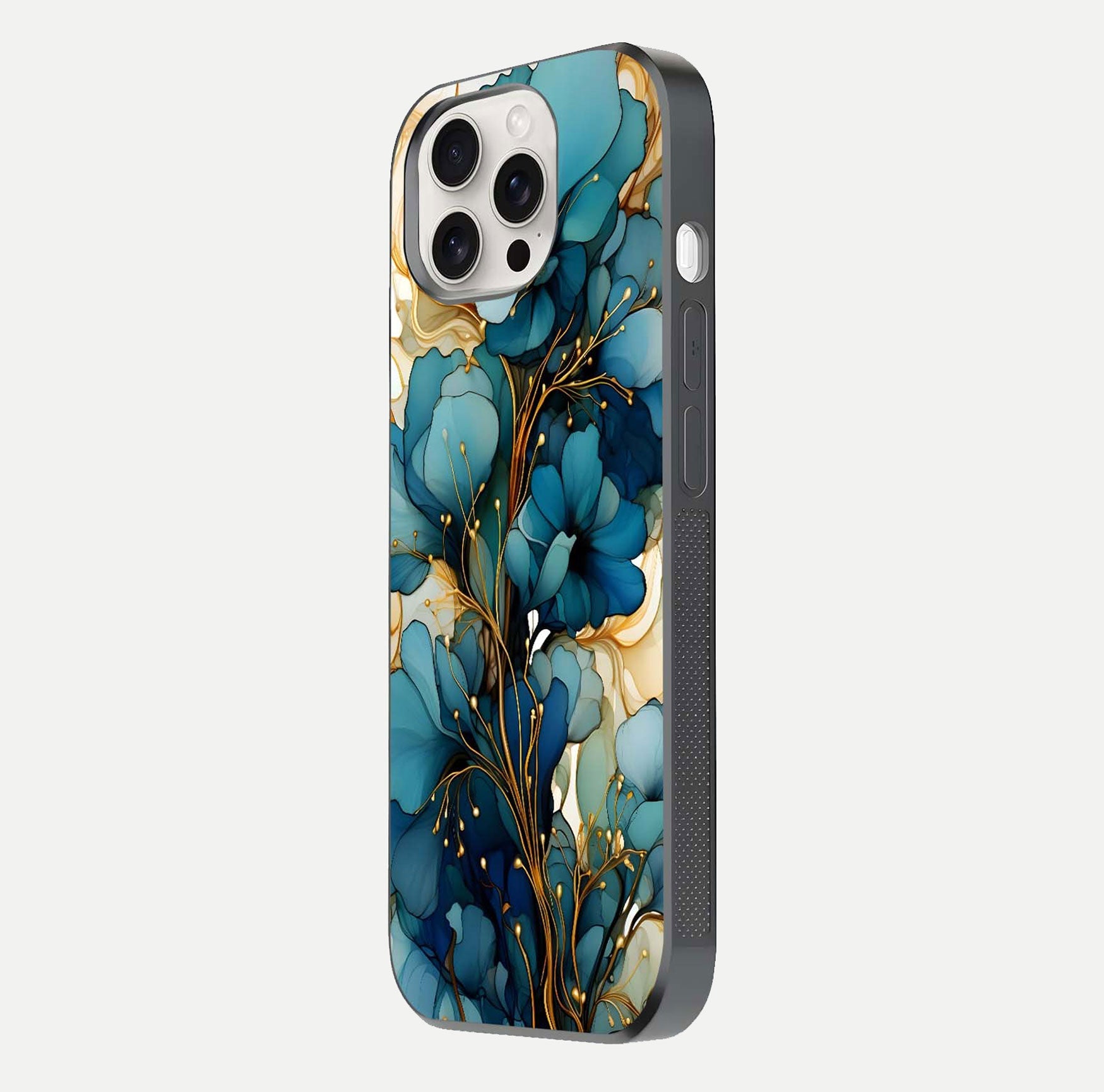 Golden Bloom Symphony Glass Case for iPhone 15 Pro Max side-angle image showing golden glow, light reflection, and premium surface