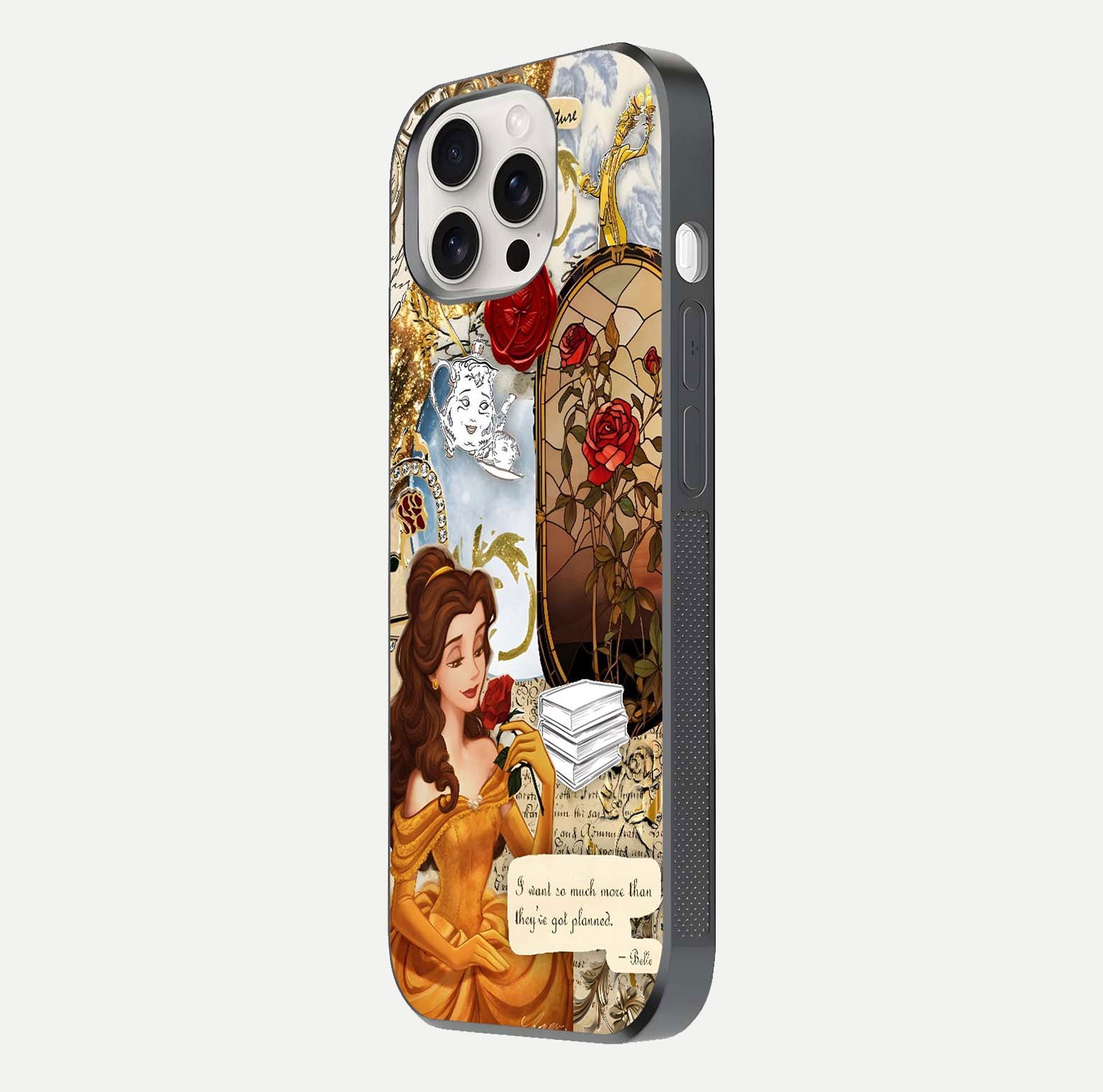 Golden Dream Belle Glass Case for iPhone 15 Pro Max side-angle image showing reflective edges and premium golden tint