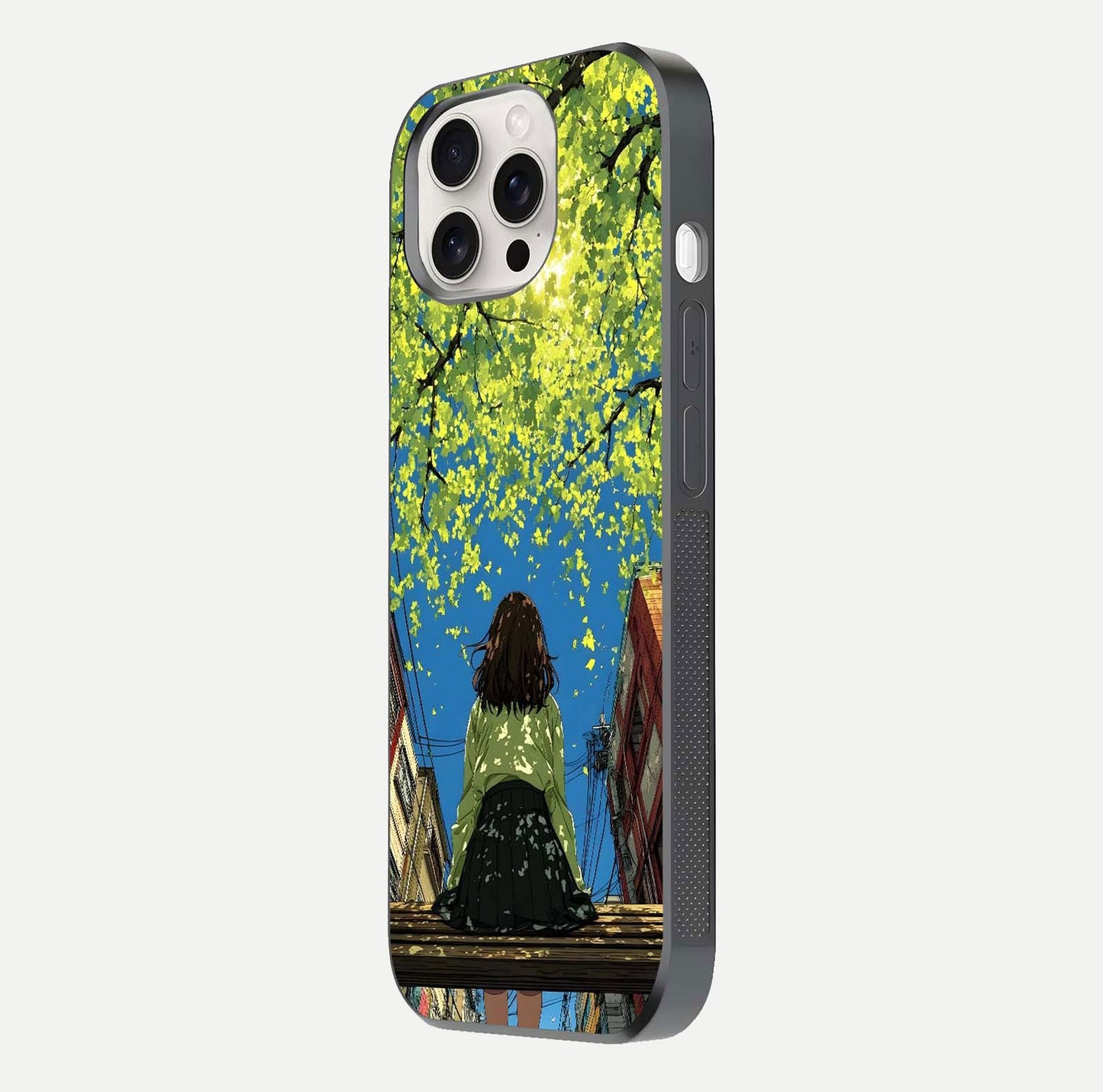 Golden Leaves Glow Glass Case for iPhone 15 Pro Max side-angle image showing reflection polish and elegant pattern