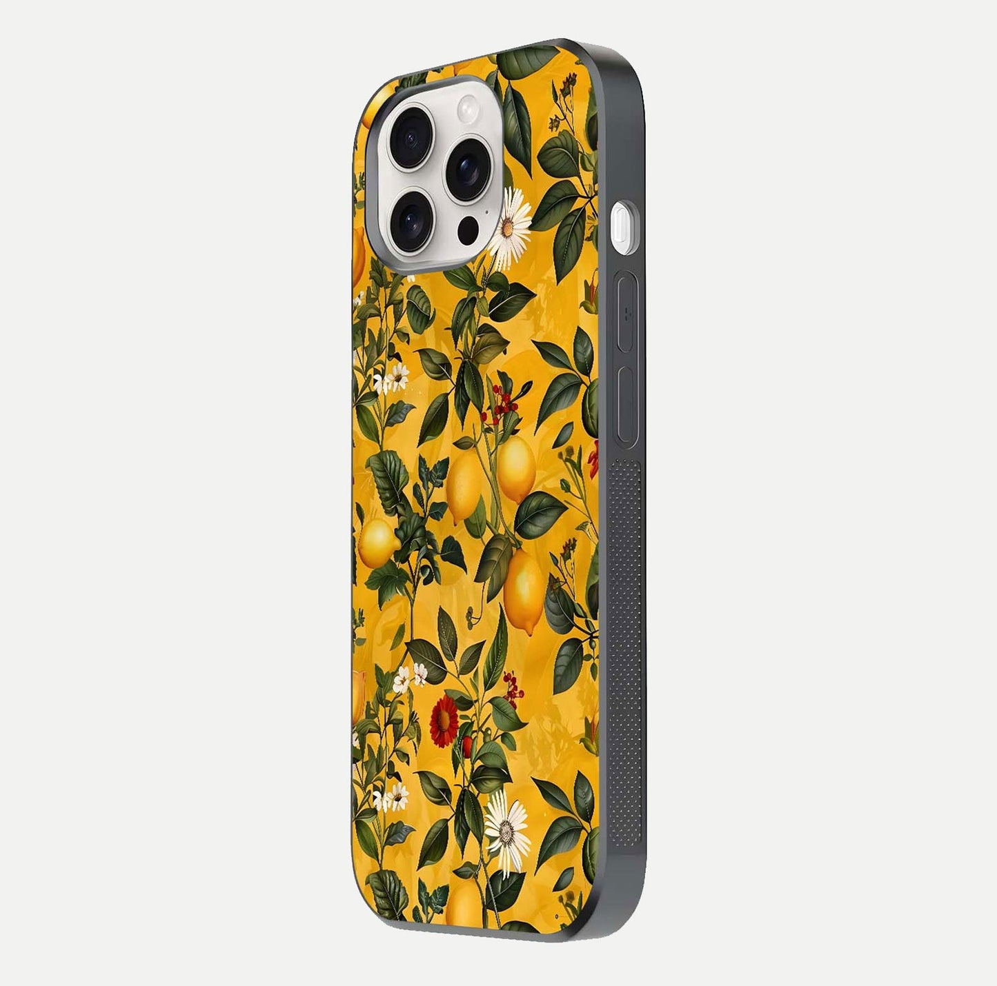 Golden Lemon Field Glass Case for iPhone 15 Pro Max side-angle image showing reflection clarity and juicy color tone