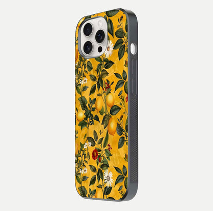 Golden Lemon Field Glass Case for iPhone 15 Pro Max side-angle image showing reflection clarity and juicy color tone