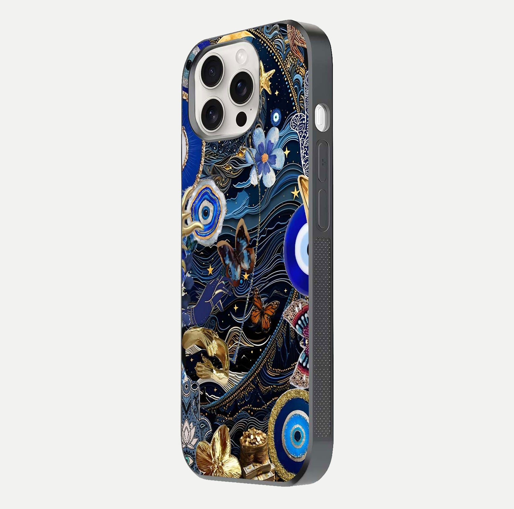 Golden Moon Magic Glass Case for iPhone 15 Pro Max side-angle image showing reflection glow, curved polish, and moon detail