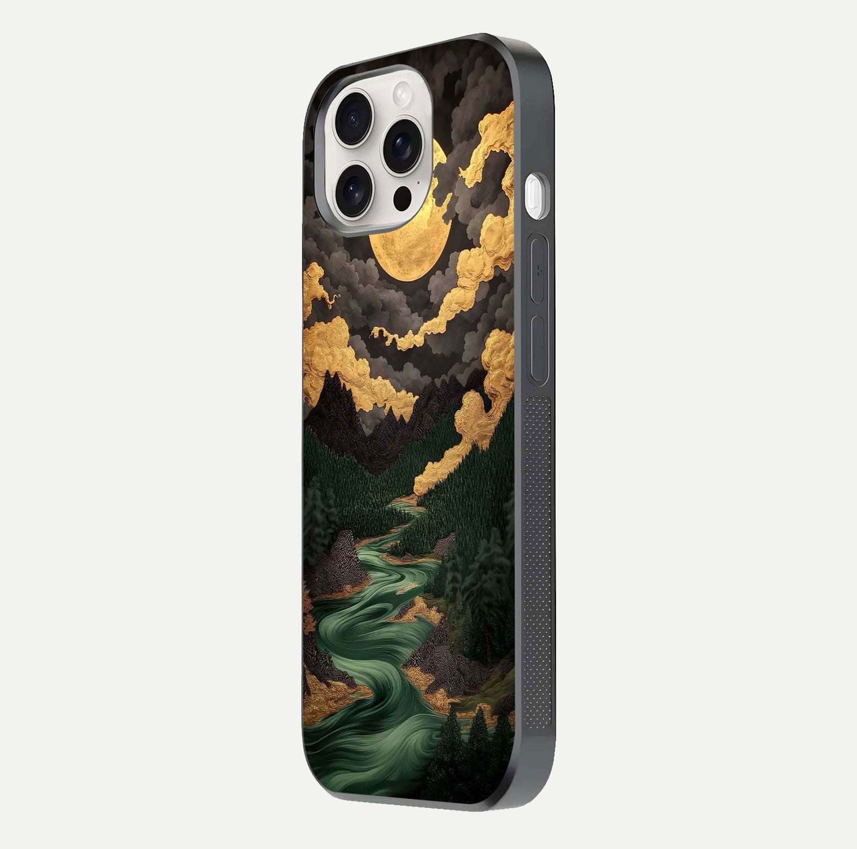 Golden River Moon Glass Case for iPhone 15 Pro Max side-angle image showing reflection clarity and detailed nightscape