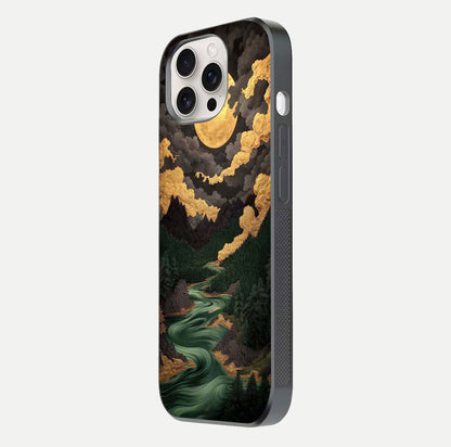 Golden River Moon Glass Case for iPhone 15 Pro Max side-angle image showing reflection clarity and detailed nightscape
